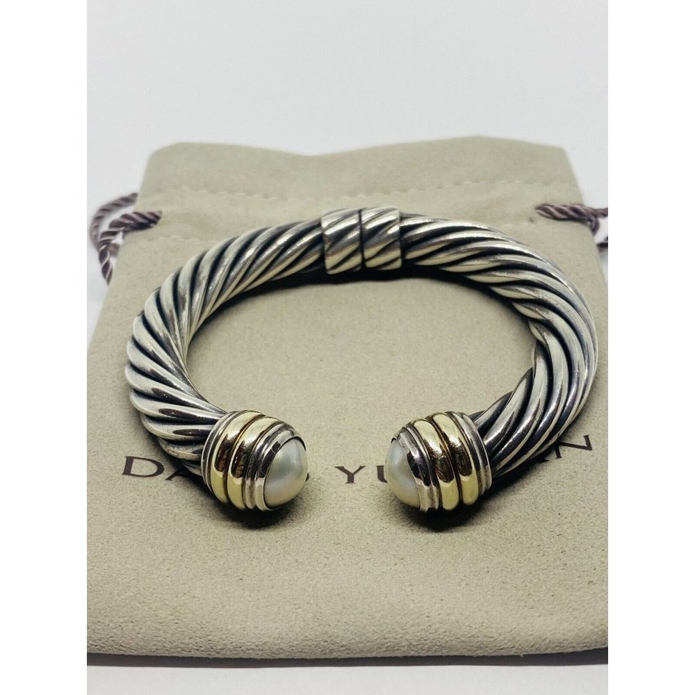 DAVID YURMAN STERLING SILVER 14K 10MM MABE PEARL HINGED CUFF BRACELET RARE 6.25”